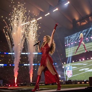 Shakira, wearing a vibrant red dress, performs at the Super Bowl halftime show. Her energetic dance moves set against a backdrop of giant video screens displaying fireworks and iconic moments from NFL history.