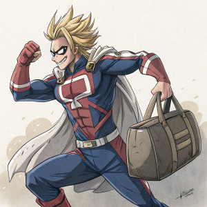 Toshinori Yagi from My Hero Academia in action pose, flexing muscles. His outfit is tight and vibrant. Beside him is a large bag. Sketch-style, limited color palette, minimal background.