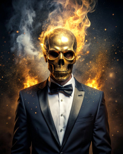 Effect, photoshop action, realistic wise, golden skull with human body in tuxedo, fire, sparks, dust, explosion, smoke, sand, quality xd, 