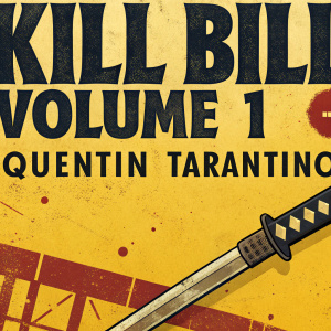 Movie poster for 'Kill Bill: Volume 1'. Directed by Quentin Tarantino. Yellow background, bold typography, aggressive graphic design with a handle-like feature. Distressed, aged look. Includes the film's title and director's name.