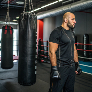 Ilir Latifi, a Swedish MMA fighter, stands in a training gym. Surrounded by heavy bags and other training equipment.