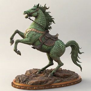 3D digital art depicting a mythical figure, Qilin, riding a horse in a dynamic stance. Greenish hue with textured surface. Horse rearing. Brown base. Plain grey backdrop. Inspired by Chinese mythology.