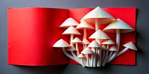 Create a kirigami folded paper art piece, which features a cluster of mushrooms in 3D relief.  Give the image insane detail.  Use red and white paper for the mushrooms.  Use white paper for the background.