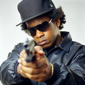 Rapero Eazy-E mirando hacia abajo apuntando con una pistola
