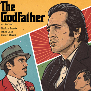 Colorful poster for 'The Godfather'. Comic book style with main characters Al Pacino, Marlon Brando, James Caan, and Robert Duvall in dynamic poses. Grid-like layout, bold lines, and vibrant colors.