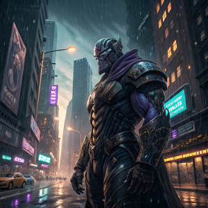 Thanos, digital illustration, full body, dark and gritty style, cyberpunk cityscape background