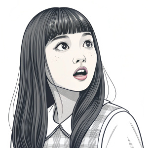 Young Asian girl with choppy bangs and long straight hair, surprised expression, simple graphic style