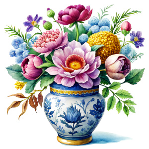 a WATERCOLOR IMAGE, Antique Ceramic Antique Vase Chinese Dragon Pattern Porcelain.THERE ARE IN THE VASE : amaranth peonies , green WEEDS ,burgundy PEONIES, orange Bougainvillea, purple dandelions ,plum geranium, Narcissus,yellow  crocusES ,mauve daffodil ,mustard roses ,amaranth Damarion s, pink tulips , pink freesia , lavender Common Crape Myrtle ,red Watsonia ,tritoma.carmine Chandramallika, burgundy VIOLETS ,SEPHIA SISYMBRIUM,CREAM CHAMOMILE , teracotta bluebell 