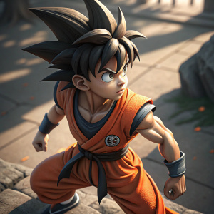 3D render of Goku from Dragon Ball, youthful face with a determined expression, spiked black hair, orange gi, posing dynamically with shadows casting.
