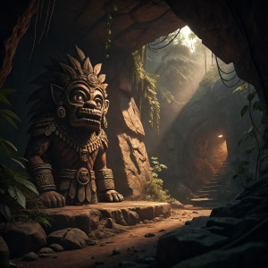 Ancient creature in dimly lit cave. Earthy colors and rough textures. Promotional image for game Crash Bandicoot 4: It's About Time