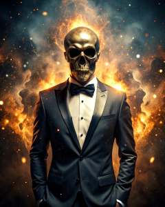 effect, photoshop action, realistic wise, black gold skull with human body in tuxedo, fire, sparks, dust, explosion, smoke, sand, shadows, glow, glare, light, slim, serious, business, wise, quality xd, 