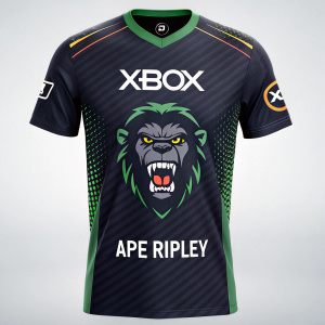 Promotional graphic for Overwatch Xbox edition. Dark colored APE Ripley gaming jersey with fierce face and sharp teeth. Xbox logo prominent. Social media icons integrated. Long-play gaming experience highlighted