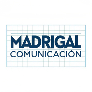 Madrigal Communicación logo featuring a bold sans-serif font in blue tones. Clean and modern design, grid background. Professional and contemporary style.