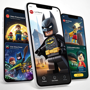 App screenshots showcasing a Lego Batman movie advertisement. Batman character in clean, modern design. Other screenshots featuring actors and characters from various films. Dark tones for Batman-themed ad. Vibrant colors for movie elements.