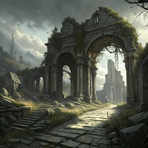 Steven Skidmore's concept art for Darksiders II. A ruined stone temple with intricate arches and pillars, a stone pathway winding through the desolate scene.