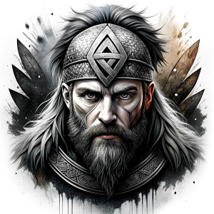 walhalla, viking warrior,  runics face, black work, white backrounds