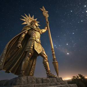 Statue of Huitzilopochtli, the Aztec sun and war god, wielding an ornate weapon. Shimmering gold attire against a night sky backdrop with stars