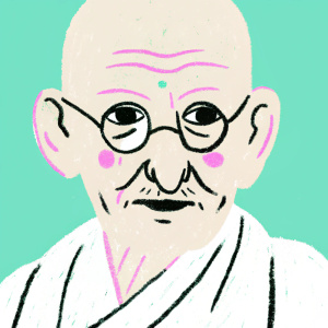 Digital art of Mahatma Gandhi's face. Detailed mesh texture, beige background, focus on facial features.