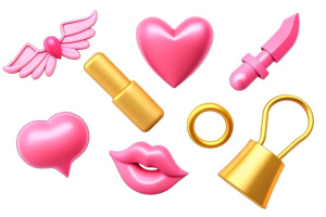 3d plastic collection of concept elements for Valentine's day, heart, calendar, letter, lipstick, cherry, ring, flower, wing, key,