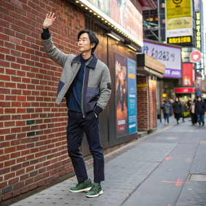 Lee Jae-wook, an actor, photographed at a bustling city street. The backdrop features a brick wall with advertisements. Wearing a grey and navy jacket, dark pants, and green shoes. Hand raised in a wave.