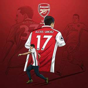 Bold graphic design featuring Alexis Sanchez's Arsenal jersey. Number 17 and club logo prominently displayed on red background.