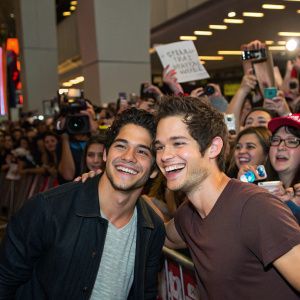 Tyler Posey and Dylan O'Brien during a lively fan convention. Crowds of fans and flashing cameras in the background.