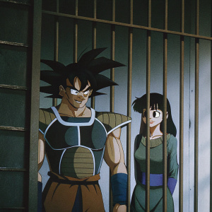 Digital illustration of Bardock and Gine from Dragon Ball Super series. Bardock, a muscular male with a fierce look, stands confidently. Gine, a female with a gentle smile, stands beside him. The scene is rendered in vibrant colors and bold lines, set against a simple gray backdrop, highlighting the characters' expressions and poses.