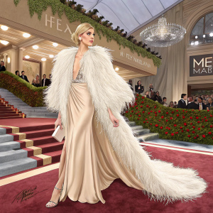 Devon Windsor, in a stunning white feathered stole and a luxurious beige velvet gown, at the Met Gala. The venue is decorated with Maybelline branding.