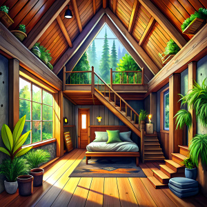 point of view angle, a wooden house, its interior, on the right 3 wood brown pillars coming from the ceiling to the floor, a bedroom behind the pillars with a wooded bed and a nightstand on the left of the bed, on the left of the bedroom a pair of stairs going down towards a basement living room

