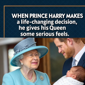 Meme: Queen Elizabeth II's portrait alongside a photo of Prince Harry, Meghan Markle, and their newborn baby. Caption: 'When Prince Harry makes a life-changing decision, he gives his Queen some serious feels.'