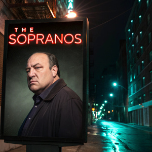 Promotional billboard for 'The Sopranos' featuring Tony Soprano. Dark alley background, neon lights, gritty cityscape.