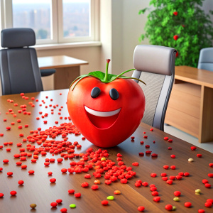 Imagine a lively, 3D realistic one tomato character smilling sitting comfortably behind a computer desk, enthusiastically working on creating a website with happy client. without background