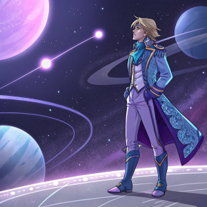 Ezreal, the Star Guardian, standing alone in a cosmic arena. Dressed in an elegant, futuristic attire. Blue and purple hues dominate his attire.