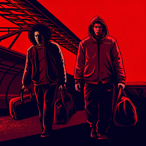 Achraf Hakimi and Axel Witsel exiting a sports complex. Both are in casual gear, holding gym bags. Bright, sunny outdoor setting.