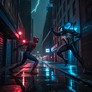 Digital artwork featuring a fierce battle between Spider-Man and Venom. Dark urban alleyway at night, neon lights reflecting blue and red hues. Spider-Man in classic red and blue suit, Venom with his signature black and white appearance.