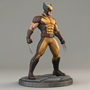 3D render of Wolverine figurine. Standing firm, broad shoulders, toned muscles, stern expression. Neutral gray background