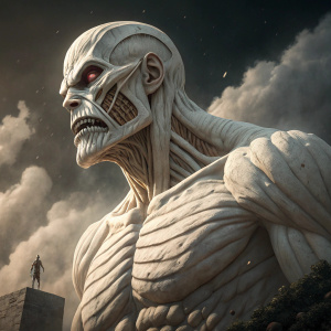 Digital illustration of colossal titan from Attack on Titan series. White sculpture, intense expression. Dark background