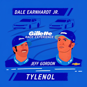 Promotional flyer for NASCAR event. Features Dale Earnhardt Jr. and Jeff Gordon. Background with dynamic racing track imagery. Includes Gillette Race Experience logo and Tylenol sponsorship details.