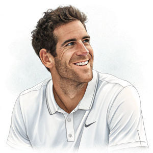 Juan Martin Del Potro, tennis player, in a casual meeting. Wearing white polo shirt, smiles at the camera. Clean, white background