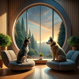 A Cat and a large husky Dog are watching the view from the window in a large, spacious room of a 3D house.