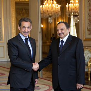 Nicolas Sarkozy and Abdelaziz Bouteflika shaking hands at the Elysee Palace during a state visit.