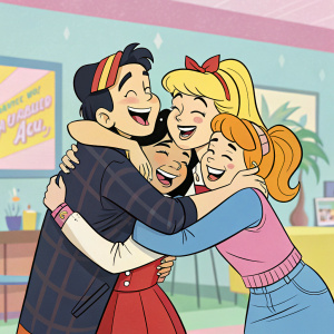 Illustration of Archie Comics characters, including Archie, Betty, Veronica, and Jughead, in a vibrant group hug.
