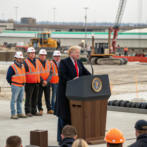 Donald Trump addressing a construction site crowd. Workers in orange vests and hard hats stand behind him.