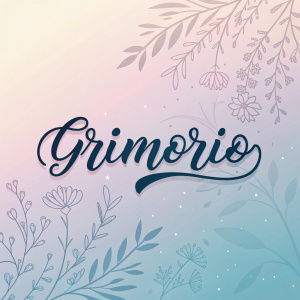 Grimorio logo, featuring modern script text against a pastel gradient background. Subtle, shadow-like motifs subtly enhance the design.