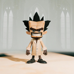 Neo Cortex from Crash Bandicoot series. 3D render. Evil grin. Dark throne room