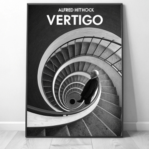 A black and white poster for Alfred Hitchcock's 'Vertigo'. Featuring a spiral staircase in geometric design, title 'Vertigo' at top. Set against a plain background, evoking the film's psychological complexity and visual intrigue.