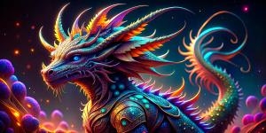 Creates a full-body dragon fractal in ultra-realistic 3D 4K defined vivid colors