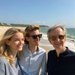 Snapshot of Helene Mercier-Arnault, Bernard Arnault, Natalia Vodianova, and Antoine Arnault. Casual attire. Beach setting.