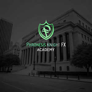 Logo for Phronesis Knight FX Academy. Minimalist design with a sleek green emblem on a dark background. The logo features a stylized finance symbol combined with a text element.