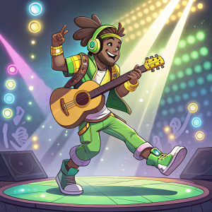 Illustration of Lúcio from Overwatch. Pixel art style. Dancing on stage with guitar in hand.